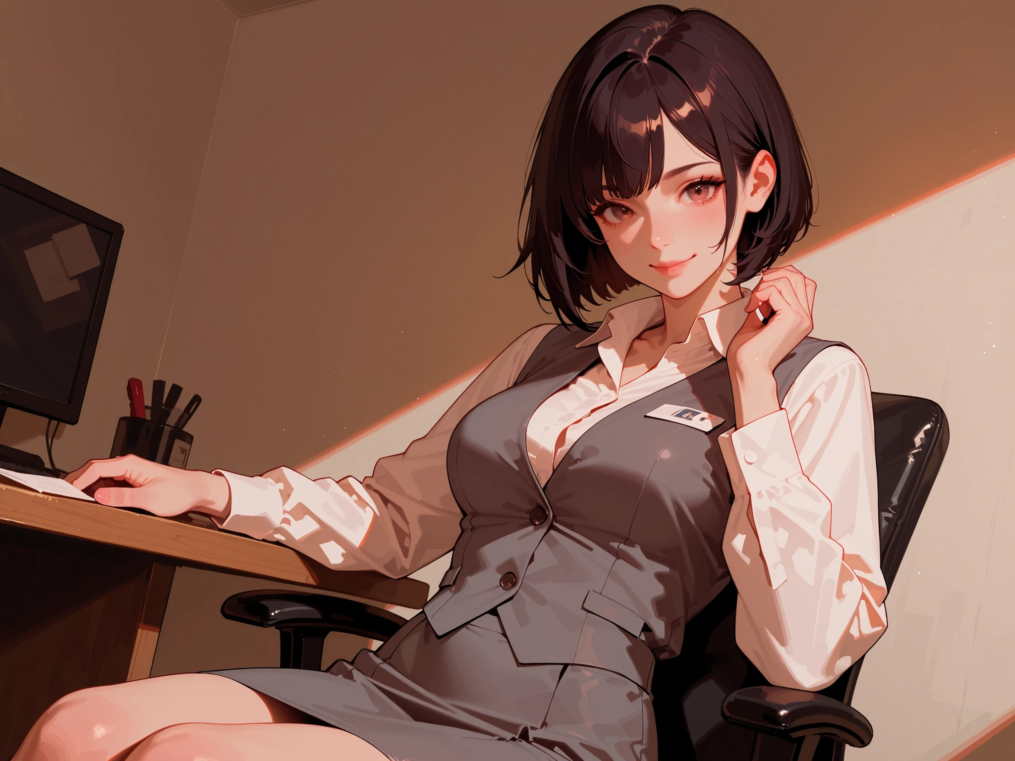 masterpiece, best quality, solo, 1girl, smirk, <lora:Fumi_Fp:1>, fumidesu2, china dress, jacket, sitting, laboratory, chair, computer,