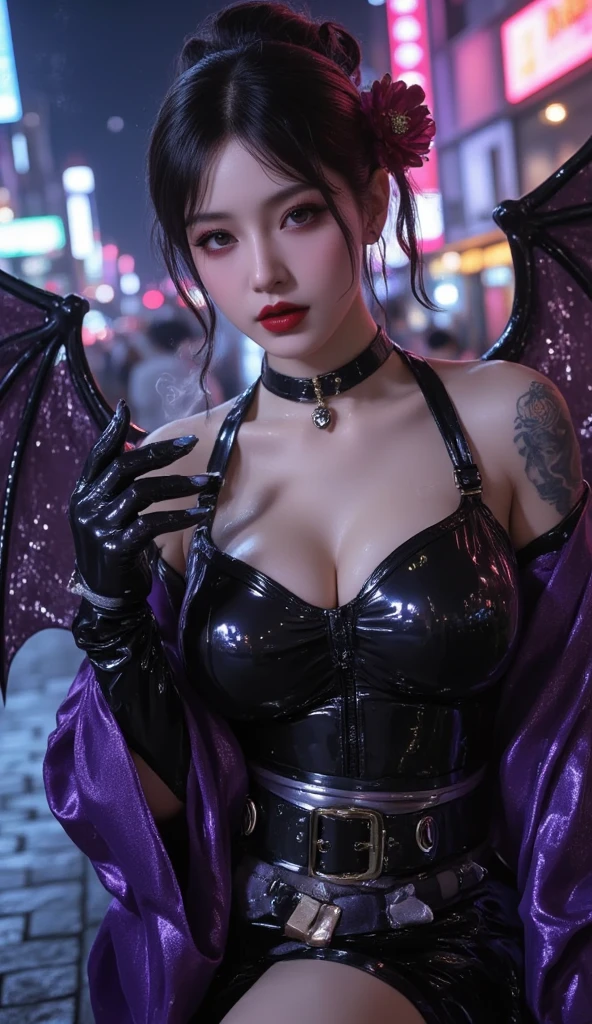 （palaces：1. Mature female purple-black hair,A pair of dragon horns，A pair of huge dragon wings，Flirtatious，Kneeling pose）， tmasterpiece， best qualtiy， RAW photogr， realisticlying， Incredibly Ridiculous res，， ear studs， (Long flowing purple hair)，eye shadows，Bracelet，head chain，(A wide variety of intricate jewelry)，eardrop，foot ring，Black Lolita dress long dress，（Black suspender stockings+），high-heels，depth of fields， A high resolution， ultra - detailed， filigree， RAWE is very detailed， very detailed eyes and faces， Sharp pupils， realistic pupil， tack sharp focus， cinmatic lighting，full bodyesbian，Bigboobs，long leges，From the front side，banquet，dynamicposes，Normal posture，closeup of face