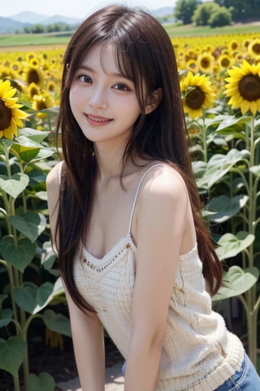 Tabletop, Highest quality, Very detailed, In detail, High resolution, 8k wallpaper, Beautiful big eyes,Black-haired、17 years old, Slender body、爽やかなsmile、Shows the whole body down to the waist、Very beautiful face,Very well-formed face、With sunflowers in the background、Beautiful girl wearing a sleeveless dress、smile、