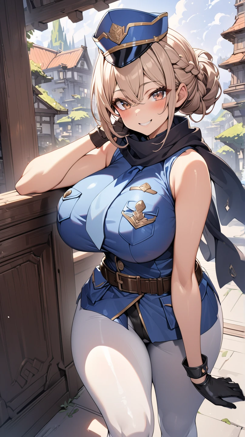 A woman with caramel-colored hair, purple eyes, wearing a navy blue denim jacket, white shirt, exposed belly, denim shorts, black boots, big breasts, (masterpiece, best quality:1.2),illustration,8k,hd,1girl,solo,((seiza)),(portrait:1.2),breasts,(((hands tied behind))), ((arms behind back)), ((closed one eye)), ((blush)), scowl,denim short shorts,jacket,large breasts,brown hair,purple eyes,short hair,eyewear on head,gloves,sunglasses,bangs,shirt,bra,belt,navel,long sleeves,white shirt,thighhighs,brown gloves,black thighhighs,textured skin, super detail, high quality, best quality, 8k, high resolution, bokeh effect.(solo woman)
