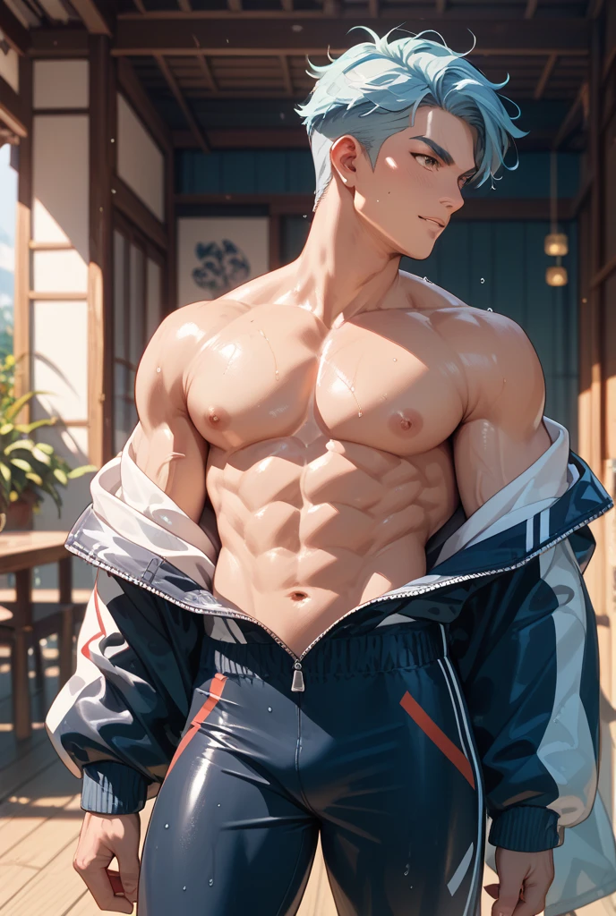 De pie sin camisa en lo alto de la escuela, Looking if the tanned skin of the back shirt is 14 years male copper skin to a nearby city is on the roof of the school has 14 years blue hair blue eyes male gender