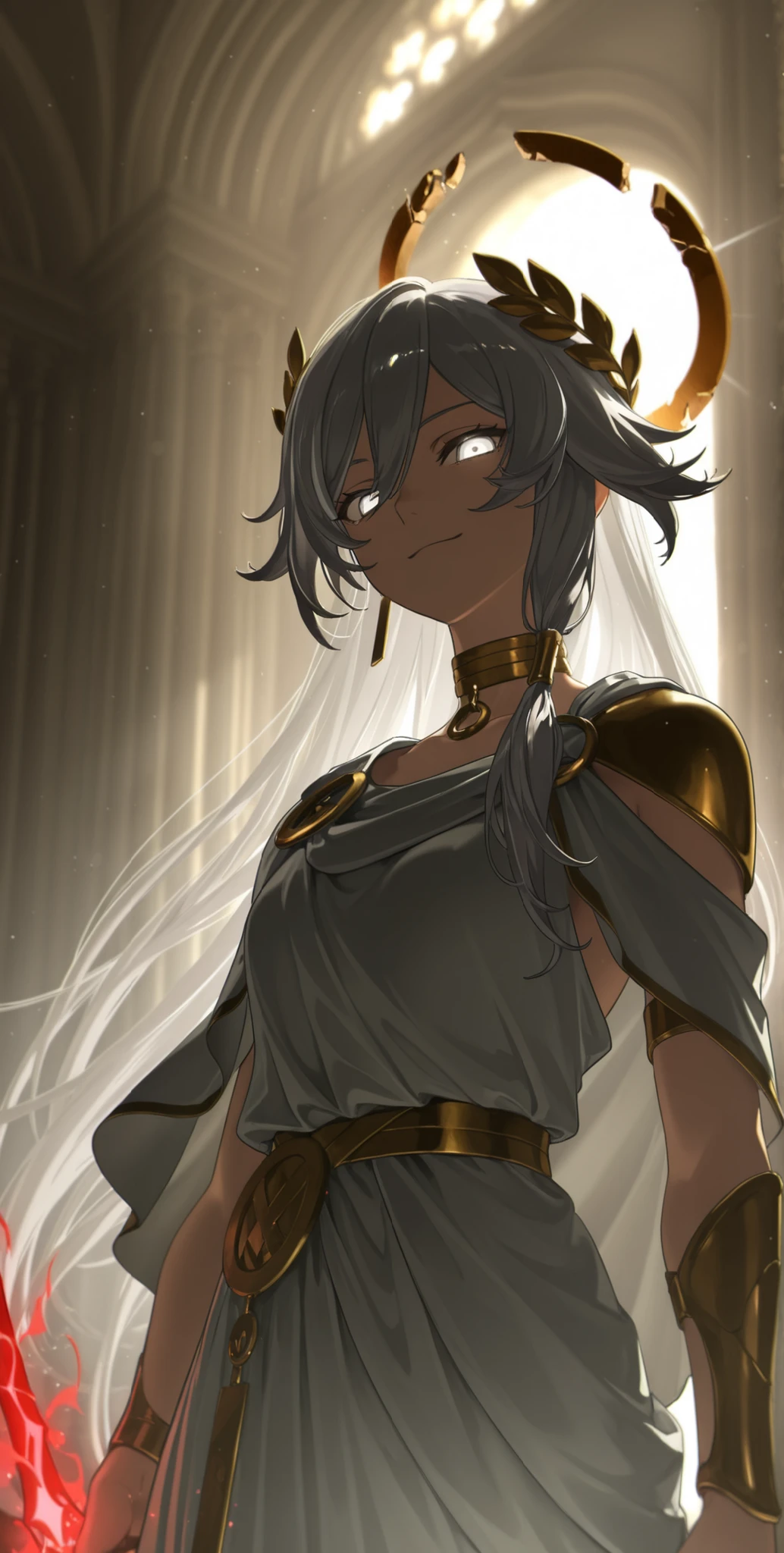 in the style of [Yoneyama Mai|Inoitoh], god rays, cinematic shot, extremely detailed CG unity 8k wallpaper, masterpiece, best quality, amazing quality, very aesthetic, high resolution, ultra-detailed, absurdres,
1girl, solo, upper body shot, face focus, glowing eyes, HoSenti, fu hua, toga, gray hair, long hair, white hair, multicolored hair, white eyes, ring eyes, broken halo, greco-roman clothes, ancient greek clothes, gold choker, laurel crown, french dress, armoured skirt, face shot, capelet, glowing sword, heaven, halo,
looking at viewer, greco-roman architecture, massive overwhelming blood magic, cursed by gods, smirk, tsurime, cocky, arrogant

 