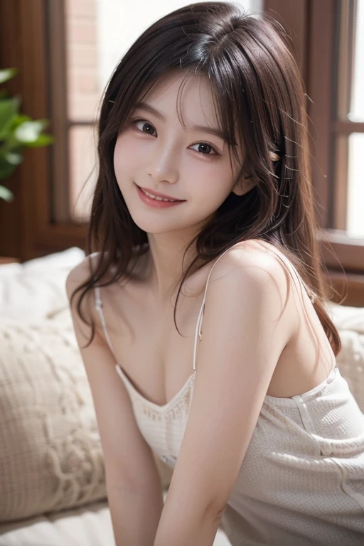 high quality,8K, Detailed facial depiction, Detailed description of the eyes,Angle from directly above,One Woman, Light brown hair(Medium-long hair),Beautiful Japanese Girl,24-years-old,Cute eyes,Cute Smile,Floral lace underwear,String panties,Sexy body, Large, plump breast size, Long and beautiful legs,Smiling, Colorful earrings,necklace,Are standing,Beautiful nape,Japan tatami room,Feminine and sexy gestures,wind chimes,A bedroom with futons,Lying on your back on a futon,Sleeping facing up