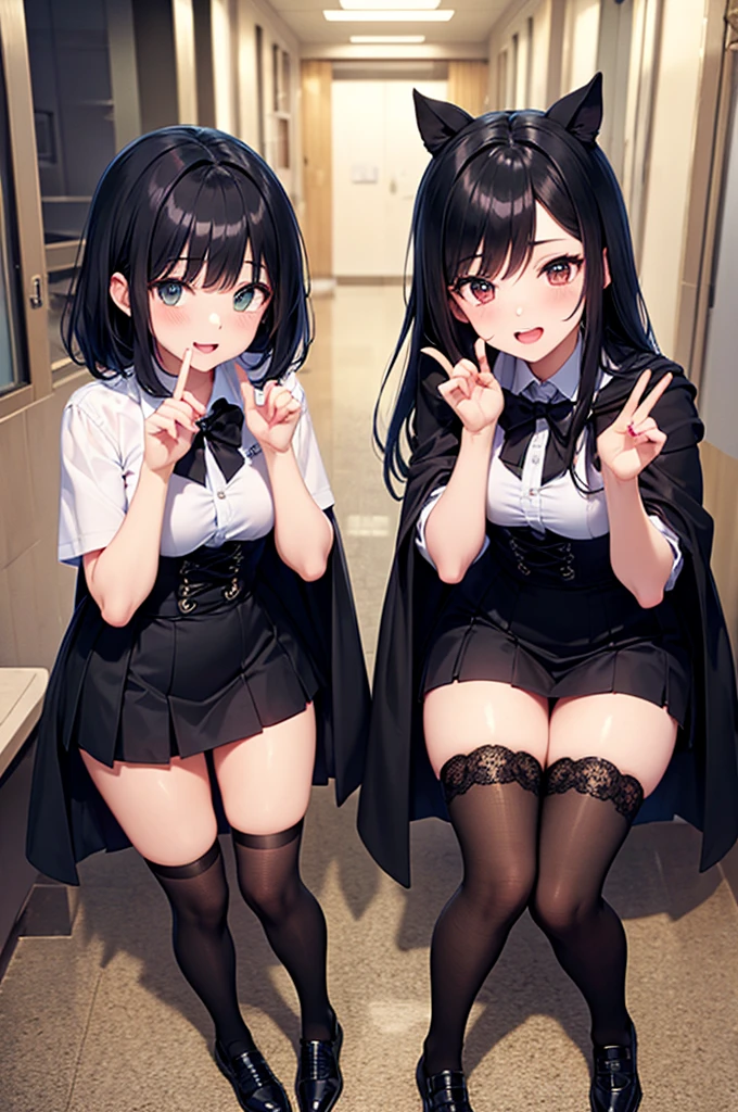 (8K、Highest quality、highest quality、masterpiece)、Detailed face、Two girl、、black hair ,long hair、、blunt bangs、Grey Eyes、、、((Blazer jacket uniform))、((Pleated skirt))、((No panties))、((bent over))、Back Alley Background、Very large breasts、Nipples are visible、、Black Pantyhose、Milk dripping from nippleilk spurting from the nipple、、Open your mouth、Troubled face、Love juice from the genitals、Full body portrait、Walking around the city、One man、Hearts in the eyes、Sex with a man、Black Loafers