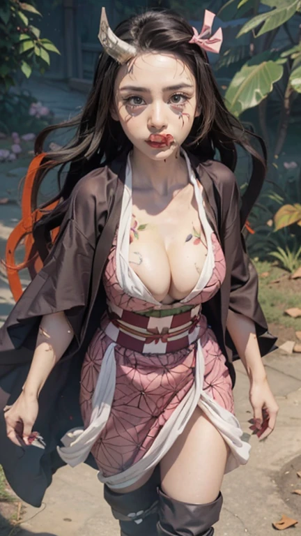 bamboo forest、Cherry Blossom、blue sky、masterpiece:1.2, Highest quality), (live-action, Intricate details), Super detailed, High resolution, One girl, kamado nezuko, (Big Breasts)、(Cleavage)、(Showing nipples),Bit Gag, Gagged, Very long hair, ribbon, kimono, Esbian all over, Purelos Face_v1