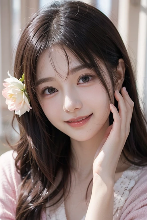 best quality,Girl Laughing,High resolution,Smiling Girl,Dindal effect,realistically,edge lit,two tone lighting,(high detail skin:1.2),8K UHD,Pure,dolce,flower background,colorful background,Based on physical rendering,Perfect Light and Shadow,extreme hight detail,Pink tones,eye reflection,I grew up sexy,perfect body,exquisite beauty,large eyes,long eyelashes,delicate eyes,big shiny eyes,Small pupil reflex,Shoulder and neck details,The texture of the pupil is delicate,Perfect eyes,A sloppy smile,best quality,T Masterpiece,16 km race,photograph,underwear,big chest,long sleeve,Take care of your chest,large breasts,Delicate avatars
