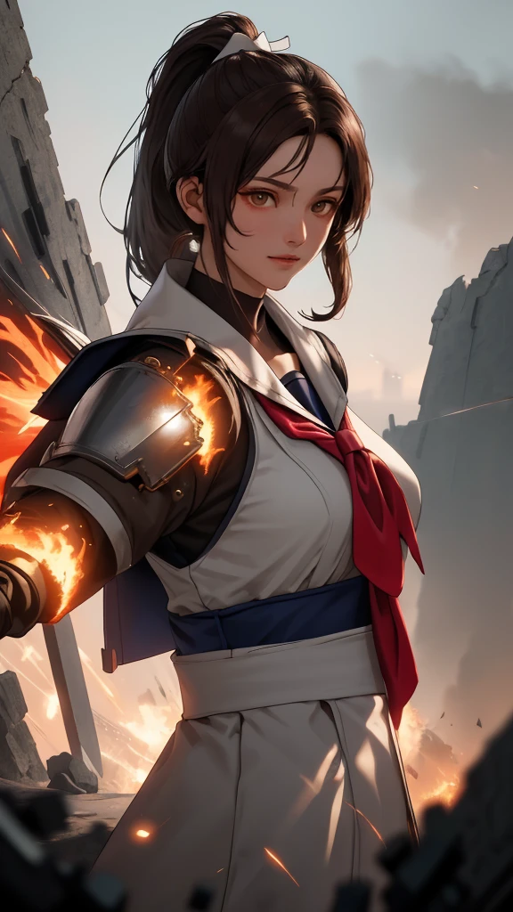 marvel super heroine, the eternals, original character, character based on the eternals, 1girl, trage red, white and black, details in Gold, detailed background, semi-realistic, 2d illustration, golden bow and arrow, eternal-movie, movie character, sersi, brown hair, shoulder-length hair, asian girl, blue eyes