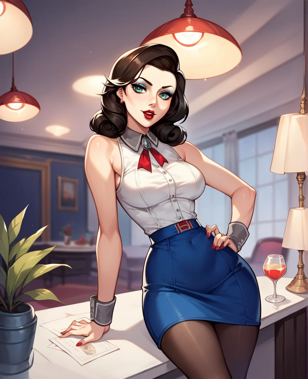 highest quality, masterpiece, High resolution, realistic, RAW photos, Abundant high quality 35 years old european woman, ???? face, high resolution, Eleonora Pavinat 35old, ,???? very transparent mini green weater, , mini skirt, black fishnet stockings white pantyhose posing on a large wooden desk tempting seductive smiling , hair bun, curvaceous hourglass figure , oppai proportion, perfect proportions body, mini skirt, tight skirt green, skirt, black fishnet nylons black pantyhose. Full complety body view. 