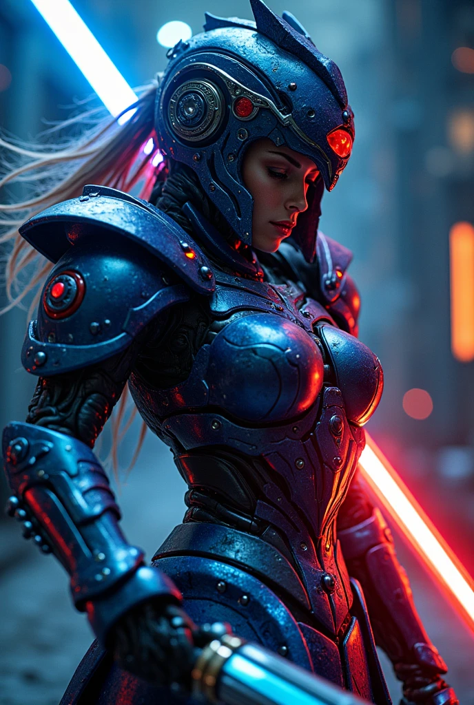 beautiful and stunning military woman in a transparent acrylic cyborg military uniform with internal LED lights, with a large weapon, super detailed image