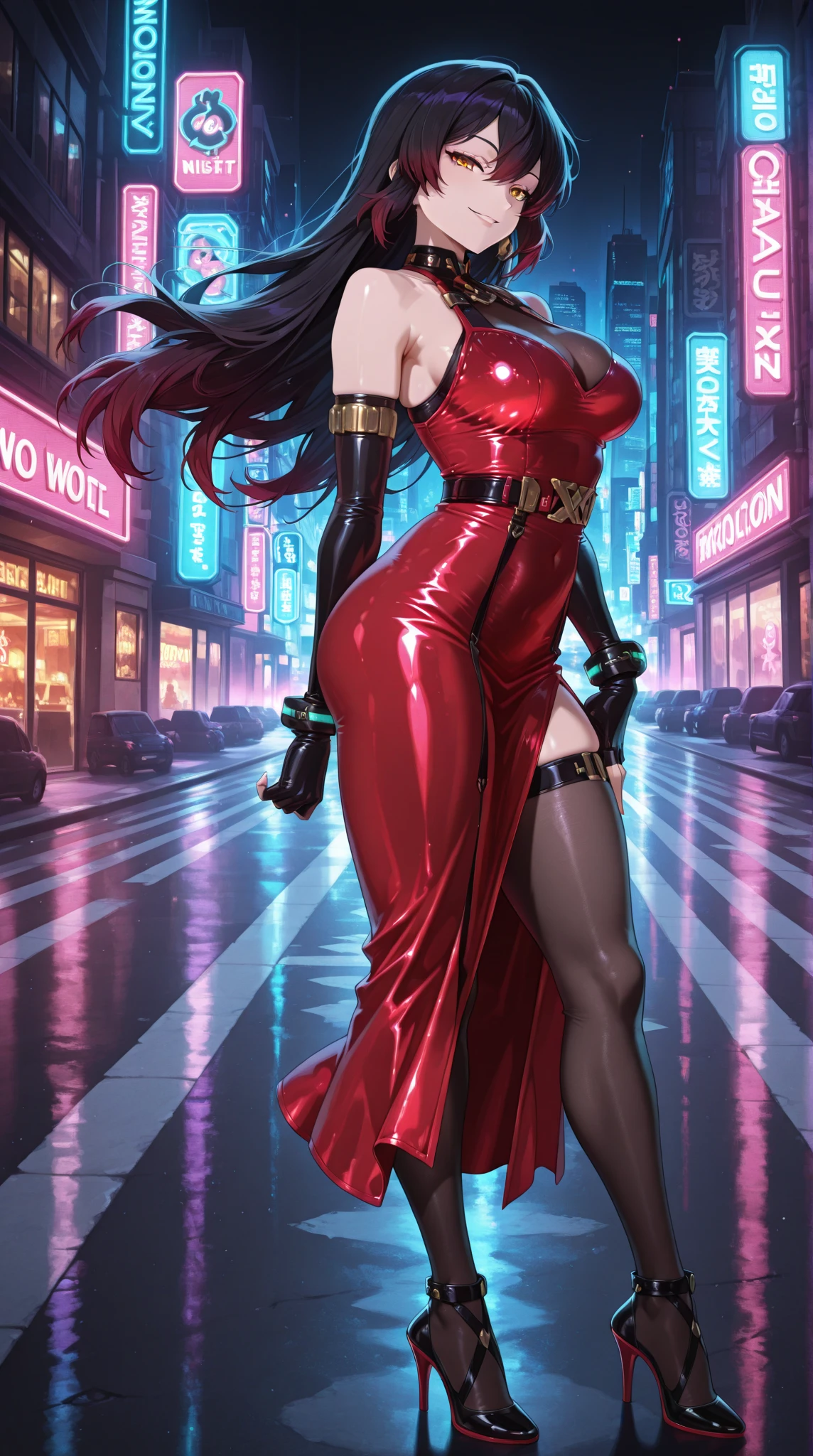 In the heart of a bustling metropolis, a captivating scene unfolds against the backdrop of a city night view. The air is thick with the scent of neon lights and the faintest hint of a heavy wind in women's hair. At the center, a young woman, clad in a striking red dress, sits confidently atop a Harley Davidson Sportster. Her face, illuminated by the radiance of the cityscape, is a masterpiece of beauty and sex appeal.
With her long, lustrous locks blowing in the wind, her eyes are captivating – big, bright, and shimmering with the allure of the night. Her red dress bill