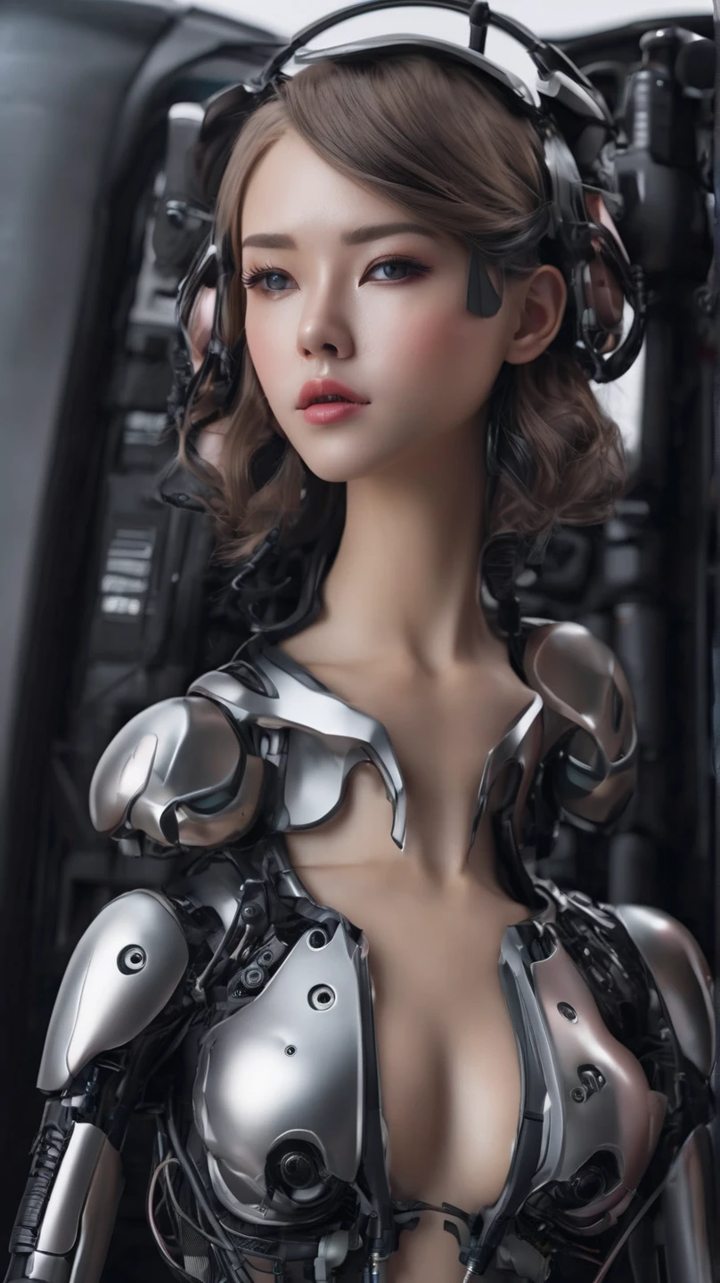beautiful face,the face is japanese, 1 woman, big, curvilinear, (16k, photo and gross, top quality, masterpiece: 1.2), (HDR, realist, Fotorrealist: 1.37) (tube attached to the body), (Bikini Cyborg Robot Parts)))), (light gray hair), wide, wavy fur, twin tails, medium shot, ( seductive smile)), (black eyes), princess cut,from below,(whole body),posing,,at the laboratory,( tube connected to blood vessel),((mechanical vertebrae attached to the back)),((mechanical neck attached to neck)),(wire rope attached to head and body),(Character focus),Science fiction,Perfect female figure,perfect anatomy,ultraanatomy, full body shot, Ratio of up to 4 fingers and 1 thumb.,