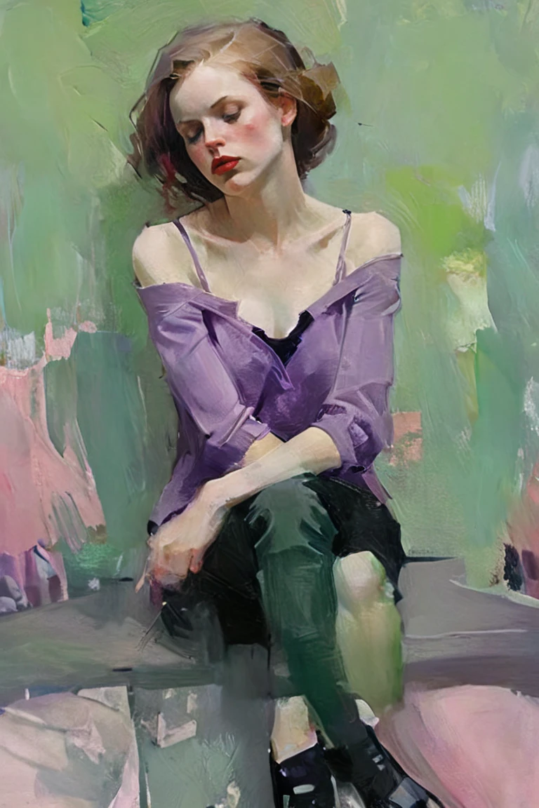 Create a portrait of a young woman in a semi-reclining pose with a pensive expression. Use a painterly style inspired by Malcolm Liepke, characterized by expressive brushstrokes and rich texture. Employ a color palette of muted greens, soft pinks, deep purples, and subtle flesh tones to evoke a sense of depth and emotion. The background should consist of abstract, textured layers in complementary colors, blending seamlessly with the figure. Pay attention to the contrast between the smooth, detailed rendering of the face and the rough, textured application of paint in the surrounding areas. Capture the delicate balance of vulnerability and strength in the subject's gaze and posture