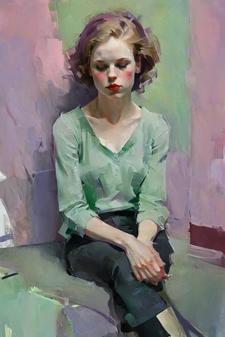 Create a portrait of a young woman in a semi-reclining pose with a pensive expression. Use a painterly style inspired by Malcolm Liepke, characterized by expressive brushstrokes and rich texture. Employ a color palette of muted greens, soft pinks, deep purples, and subtle flesh tones to evoke a sense of depth and emotion. The background should consist of abstract, textured layers in complementary colors, blending seamlessly with the figure. Pay attention to the contrast between the smooth, detailed rendering of the face and the rough, textured application of paint in the surrounding areas. Capture the delicate balance of vulnerability and strength in the subject's gaze and posture