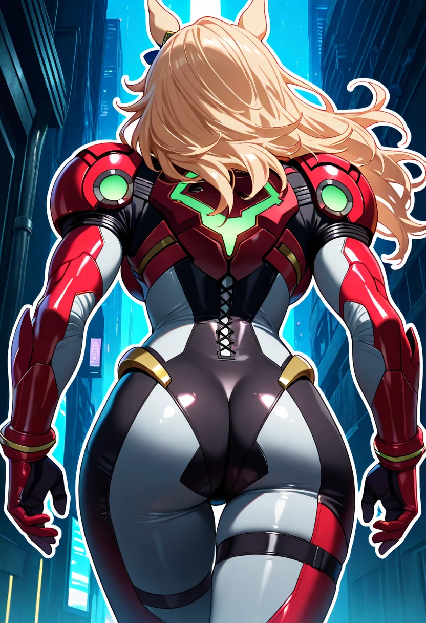 Masterpiece, best quality, <lora:NemesisV10:1>, Nemesis, 1girl, breasts, ass, solo, long hair, red eyes, large breasts, looking at viewer, looking back, hand on hip, from behind, closed mouth