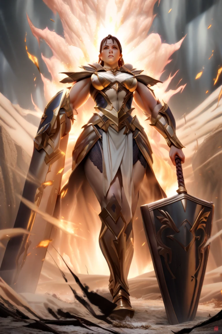 Beautiful angry Valkyrie running through a battlefield wielding a long stylized anime-style broadsword, shouting in rage, fit toned lean, very buff and muscular, thin waist, slim hips, anime-style Valkyrie armor, blood splatter smeared and dripping, wings spread wide, long wild hair, brightly glowing eyes, swirling rage aura surrounding her