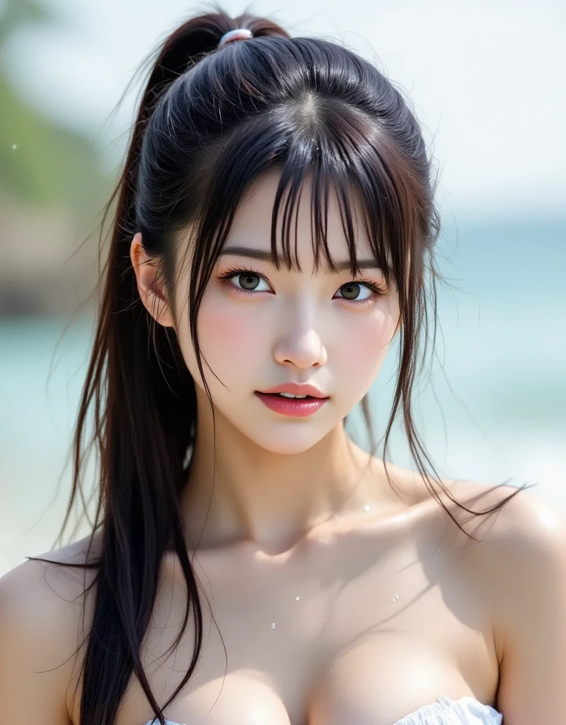 (in 8K、Raw photography、top-quality、​masterpiece)、(realisitic、Photorealsitic)、1girl in、japanes、femele、17 age、((Detailed face))、Detailed lips、(A detailed eye)、More skin、((Wet Komono))、(Detailed :1.3)、((the areola is large))、(cammel toe)、perfectbody、(Wet body:1.2)、shinny skin、、(Small)、perfectbody、shinny skin、((dark brown hair))、(natural soft light)、((the morning sun))、(Highly detailed facial and skin texture)、(Ponytail)、(bangss)、sand beach、