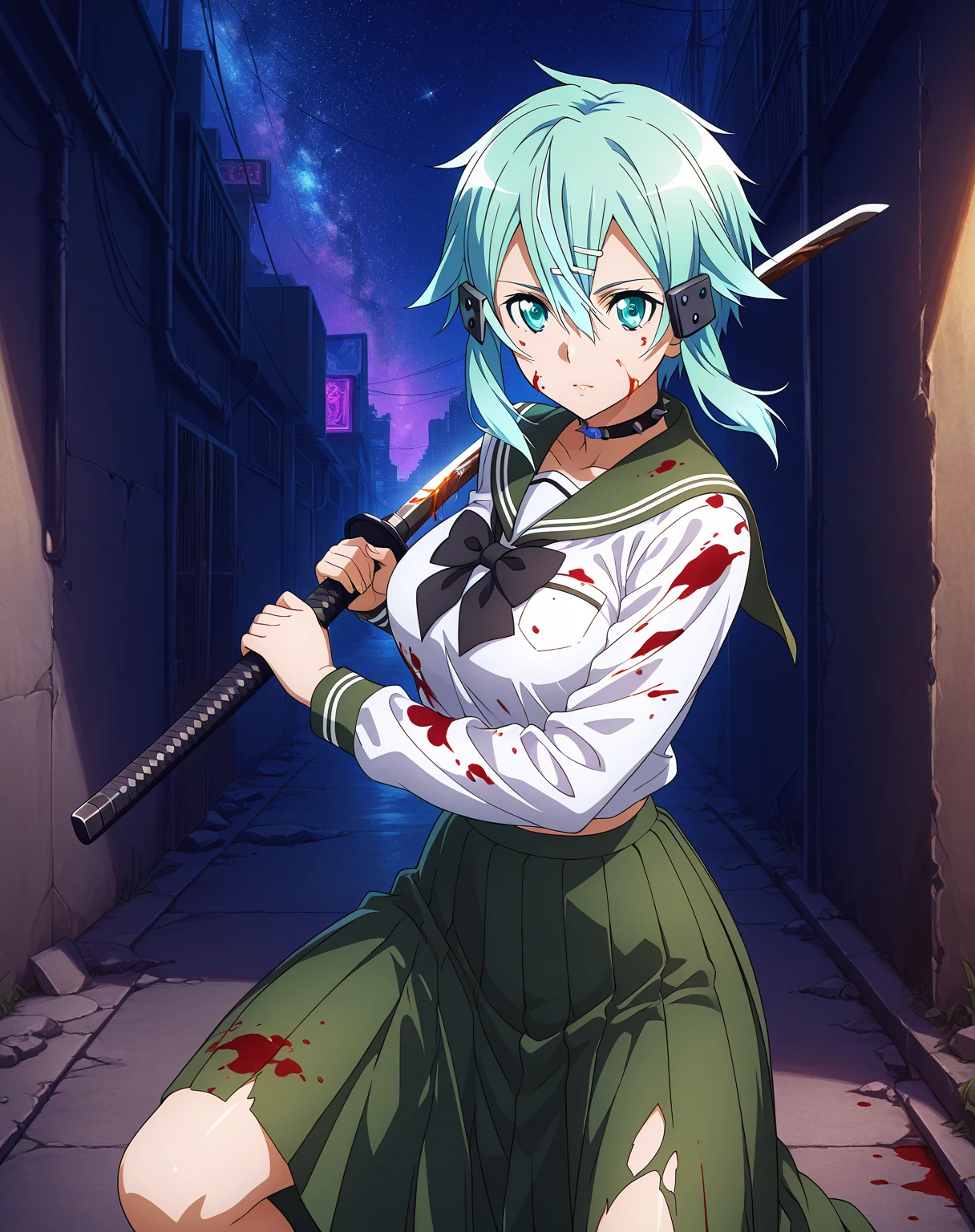 Top quality, very delicate and beautiful, (teenage girl), purple eyes, green hair, small, short hair, (purple pointy hat), one, tactical vest, short sleeves, purple skirt, purple wizard robe, navel, smile, knife in hand, ((((bloody)))