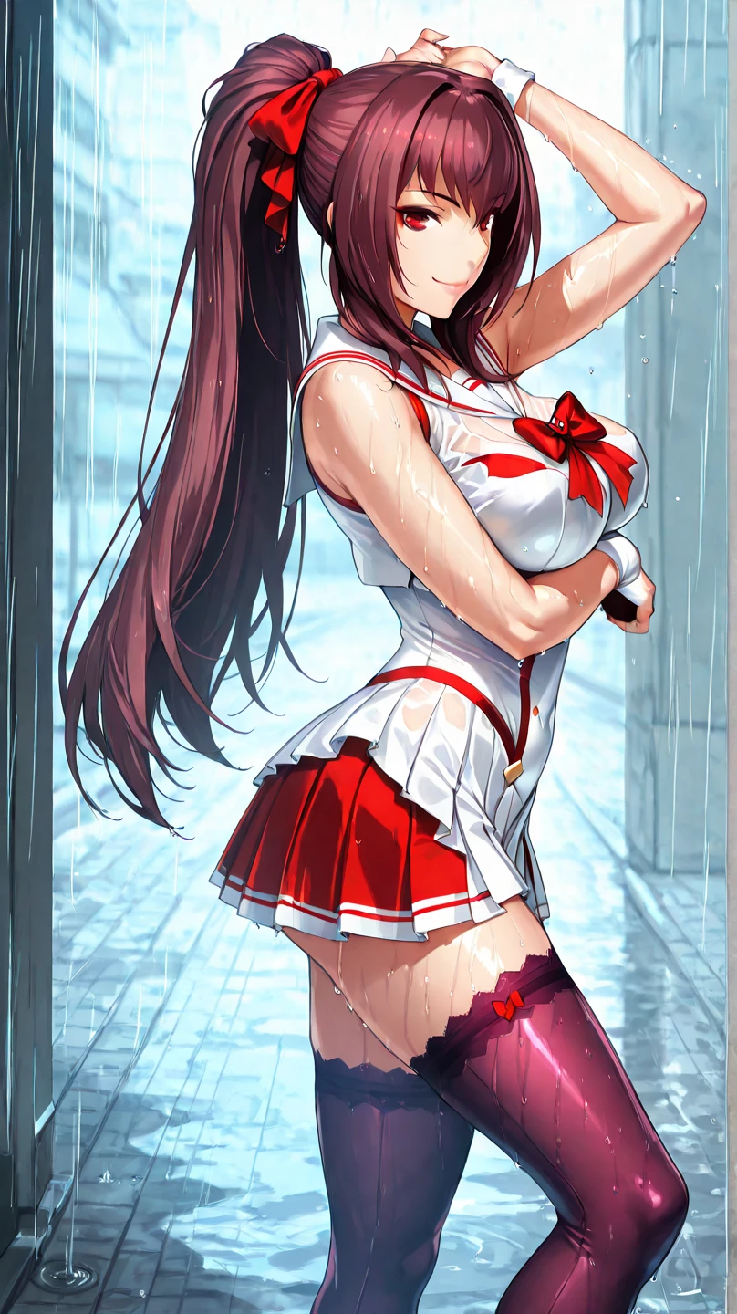 Beautiful woman standing under running shower, wet clothes, soaked, red dress, plunging neckline, wet skin, wet hair, daylight, soaked in oil, dripping oil, dripping water, running water, high resolution, best quality, sexy, 8k, translucent, wet, jewelry, looking at viewer, smile