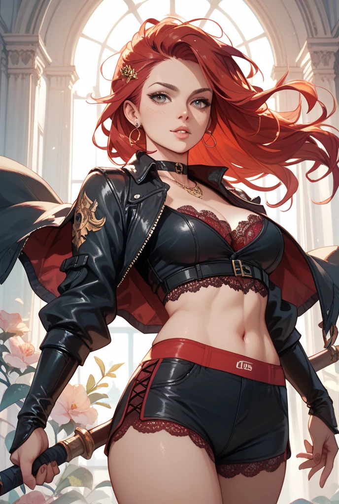 New Orleans, French Quarter. ((full body:1)),(lustful eyes, flirty smile:1.2).,(ultra realistic illustration:1.3).Sexy 23yo French woman, dyed red hair, green eyes. fit, natural perky breasts, perfect round ass, (suntan). (bangs, long hair:0.8), mascara, choker, leather jacket, indigo lace top, jeans, high heels. Masterpiece, best quality,(highly detailed:1.2),(detailed face and eyes:1.2), 8k wallpaper, depth of field, natural lighting. core shadows, high contrast, bokeh.(rule of thirds), cinematic, atmospheric, contrast, intricate
