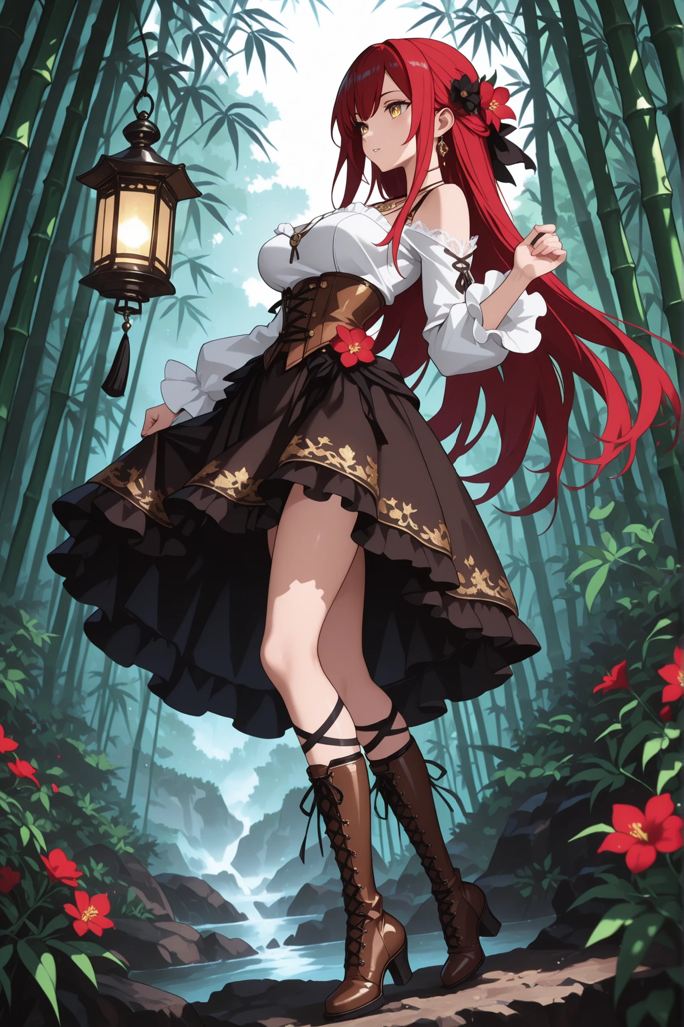 1 girl ,golden eyes , very long hair , long sidelocks, red hair ,half updo, petite , very cute , beautiful ,Straight hair, cool, handsome, hair ween eyes, , mediumlarge breast, cool, beautiful, hair flower, Canna-Lilie, white vintage blouse with bare shoulders and lantern sleeves, brown vintage-gothic lace-up corset, long black gothic skirt with ruffles, heeled boots, necklace, bamboo, flower, hair flower, red flower, hair ornament, weimao, leg ribbon, solo, full body, parted lips, from side, ((dynamic angle)), dynamic pose, outdoors, nature, masterpiece, best quality, amazing quality, very aesthetic, 8k, HDR, cinematic,