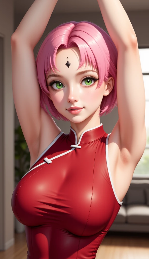 Sakura Uchiha.  a woman is in a room.  she looks beautiful.  wearing a red ceongsam.  with his chest open.  The ceongsam is so tight that it makes her curves trace out.  he seemed to bend his body slightly.  makes a sexy impression in the pose.  she had skin as white as snow.  with short pink hair.  which looks straight.  short.  breaks down and expands.  he appeared to be smiling and looking at the camera.  so beautiful and realistic