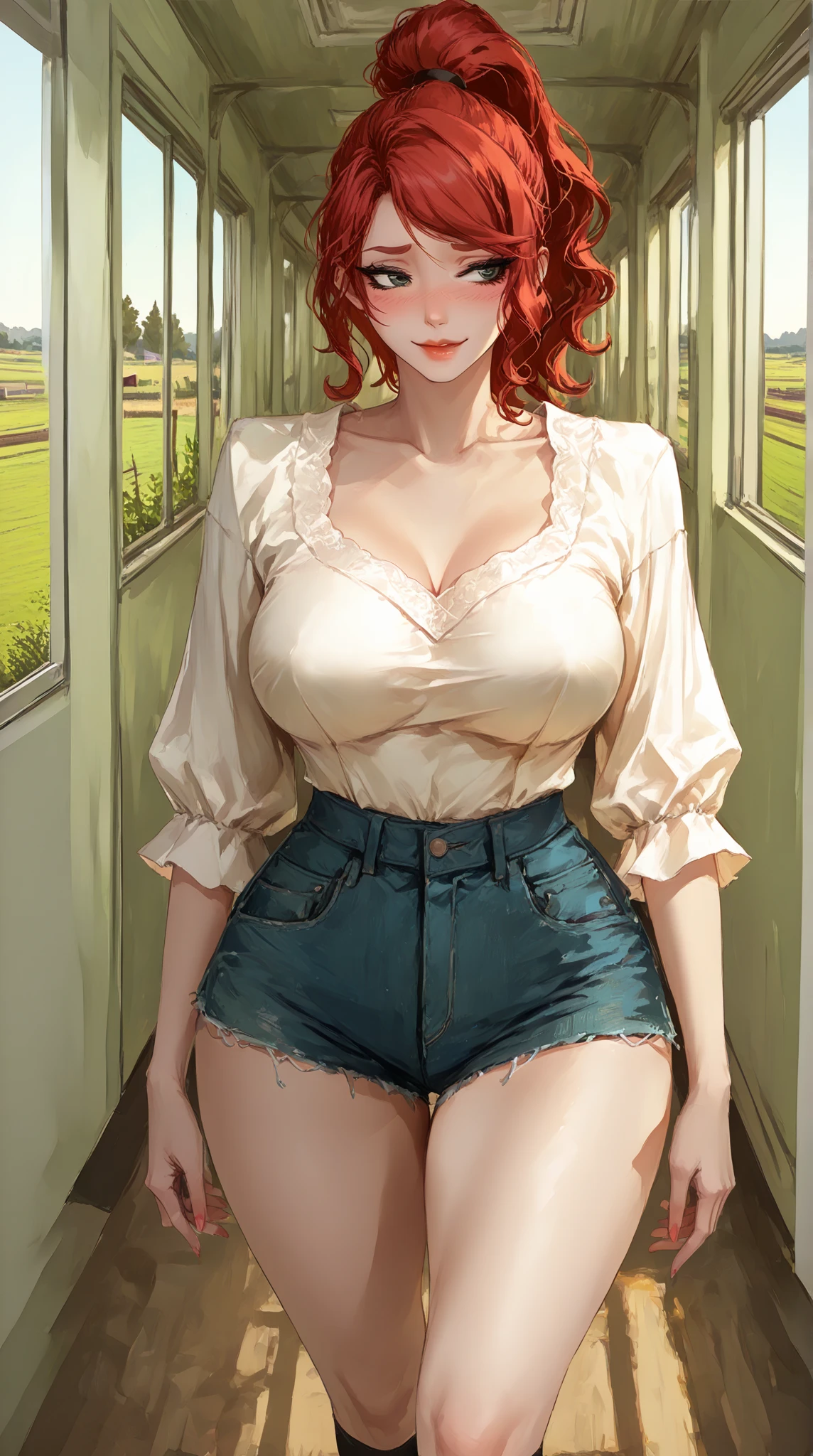 (masterpiece:1.2, best quality), realistic, (real picture, complex details, depth of field), (1girl, solo), makeup, cleft lip, high detail, perfect face shape, (big breasts:1.2), (skin indentation), rough Thighs, wide hips, small waist, tall man, coral lips, red hair, red eyes, white casual clothes, street of Akihabara, sitting in cafe, suitcase