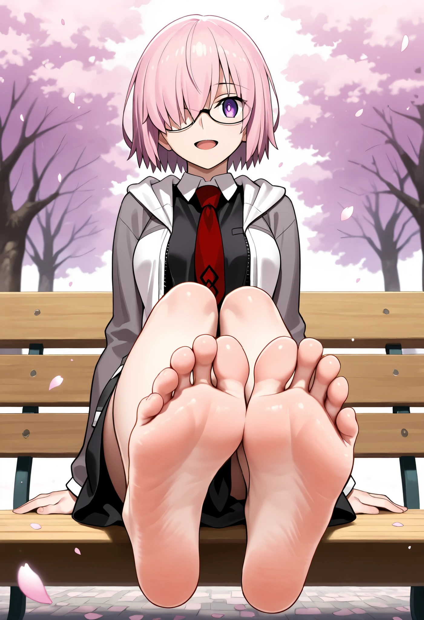 best quality , masterpiece , 1girl , aamash , short hair , pink hair , hair over one eye , glasses , purple eyes , red necktie , collared dress , black dress , jacket , open jacket , long sleeves , sitting, cowboy shot , park , smile , open mouth , petals , has her legs stretched out, foot focus, barefoot, foot, toes, each foot has exactly five toes, soles, foot wrinkles, highly detailed soles, showing her soles to the viewer,