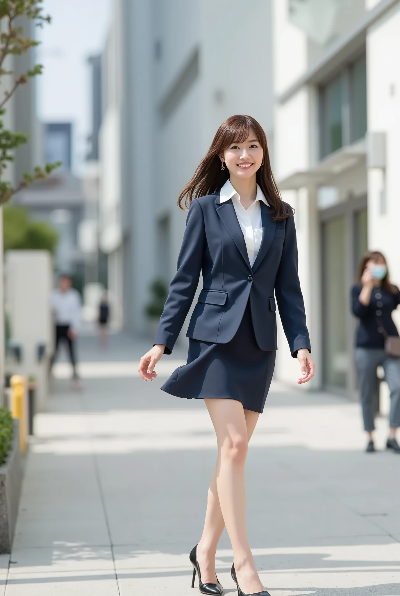 Create a realistic photograph of a beautiful Japanese female idol in a portrait style. She has a slim body with a small bust and slender legs, featuring medium-length hair tied back with delicate bangs. She is wearing natural makeup and a business suit consisting of a white blouse, a knee-length navy skirt, a navy jacket, and black high heels. Capture her walking to work in a cowboy shot, displaying a hopeful expression against a backdrop of a bustling business district.
