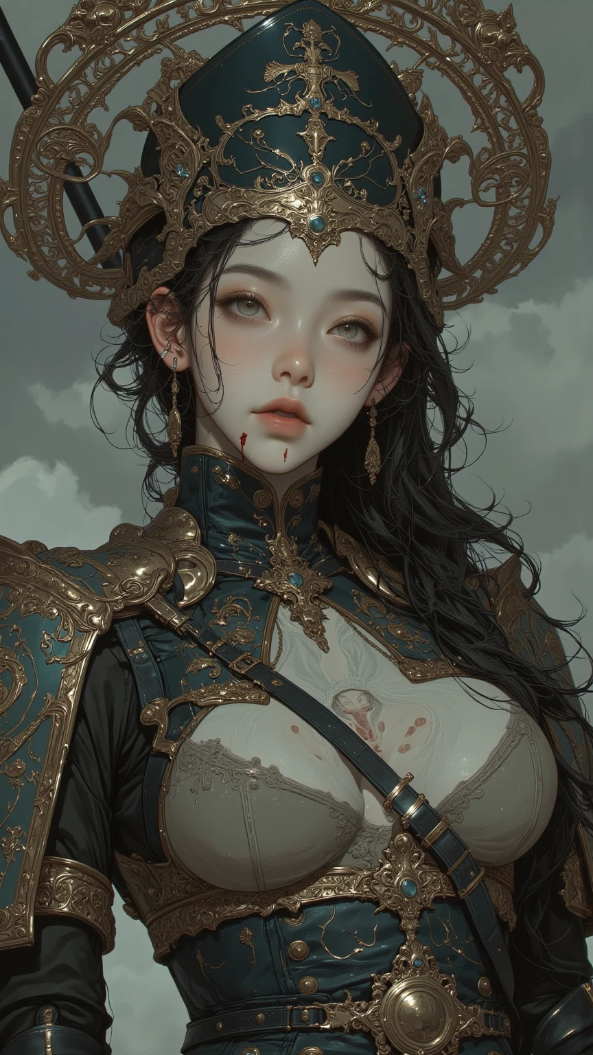 Mechanical doll magical girl, female, , very dynamic action pose, UHD, retina, masterpiece, anatomically correct, skin texture, super detailed, highly detailed, high quality, award winning, top quality, 16K, thick bangs, beautiful long black hair curled vertically and heavily disheveled in the wind, slit eyes, very large crescent-shaped eyes, very large dark gray eyes shining like jewels, long eyelashes, very thin little nose, very small mouth, very thin upper lip, light colored natural makeup, very slender and attractive body, (complex mechanical steampunk headgear, black lace flared skirt, complex mechanical overdecorated gothic lolita fashibined with steampunk fashion), upturned very small beautiful breasts, (explodins in the background). (complex mechanic factory, lots of gears, lots of piping, lightning filled space sky), create highly detailed and realistic images, (super detailed background), (dark mysterious: 1. 2),