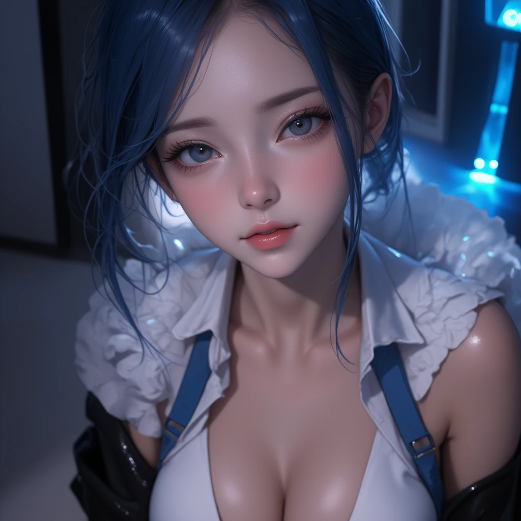 ((Cinema-grade lighting, best quality, 8K, Masterpiece :1.3)), 1 girl, Beautiful woman with Slender ABCs :1.4, (blue haired ted, small breasts :1.5),small panties, corset mini dress :1.2, strapless, Seductive lips open, sofa, Highly detailed face, Detailed eyes, Double eyelids