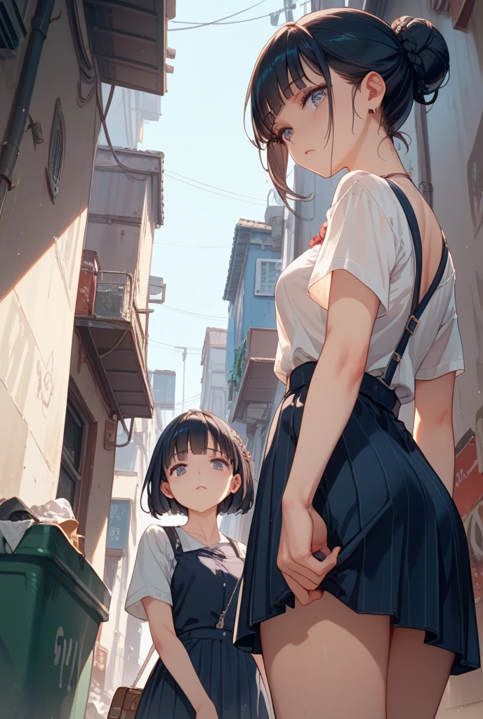 Sundress girl desperately running away from a muscular giant waitress,The girl is crying a lot of tears,Inside a fantasy castle,