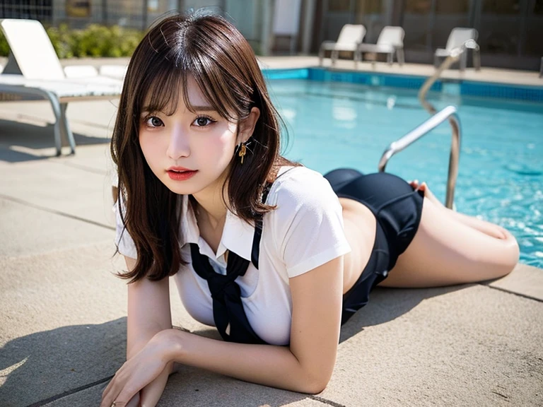 Best quality, RAW photos, super high resolution, gentle smile, 16 years old Korean, very big breasts, cleavage, tie, ribbon, school uniform, collared shirt, school uniform shirt, plaid skirt, fair skin, shiny white skin, short bob, bright silver hair, bright gray hair, neatly matched bangs, beautiful eyes, beautiful eyes of random colors, very thin lips, beautiful eyes with details, elongated eyes, pale pink blush, long eyelashes, beautiful double eyelids, eyeshadow, earrings, night school, dim poolside at night, squatting, legs open