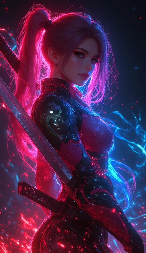 ((masterpiece, best quality)),a girl holding a sword, in the style of dark azure and light azure, mixes realistic and fantastical elements, vibrant manga, uhd image, glassy translucence, vibrant illustrations.