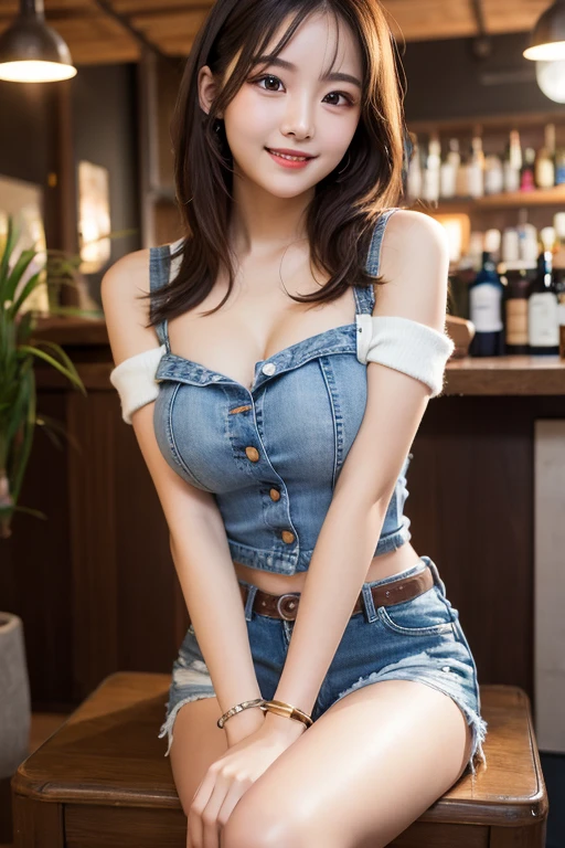 An innocent 20-year-old girl, (tube top:1.5), (denim shorts:1.5), (high heels), (Dramatic Pose),smile, (High Ponytail),downtown、RAW Photos, (8k, highest quality, masterpiece:1.2), (Intricate details:1.4)、(Photorealistic:1.4), Octane Rendering, Complex 3D rendering with ultra-detail, Studio Soft Light, Rim Light, Vivid details, Super Detail, Realistic skin texture, Detailed aspect, Beautiful details in the eyes, Highly detailed CG Unity 16k wallpaper, compensate, (Detailed Background:1.2), Glowing Skin, whole body, (thin legs:1.2), (small waist), (Cleavage), (looking at viewer:1.2)