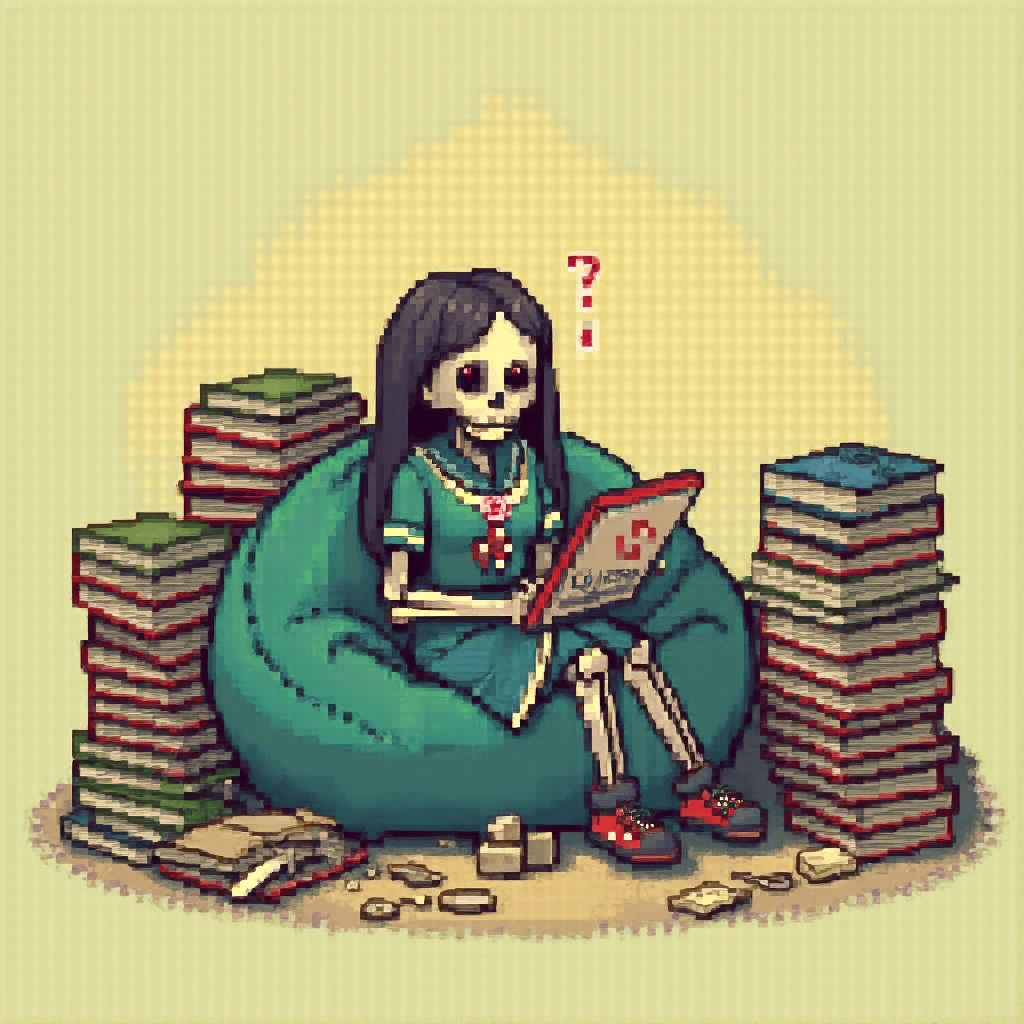 Skeleton in hoodie sitting on chair playing music、Anime Cartoons、Holding a head set in your hand、Legs resting on the desk、frontage