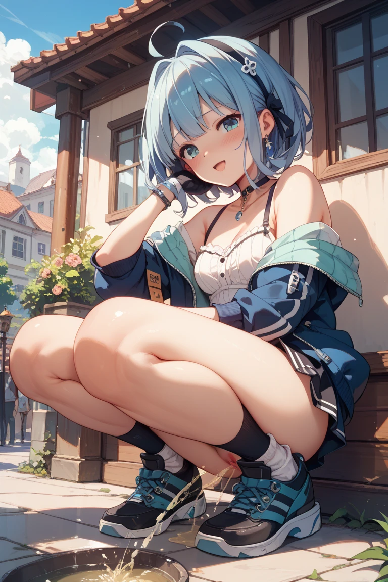 rezeroRem, Rem, blue eyes, Blue Hair, hair ornaments, Hair on one eye, hair ribbon, Long Hair, x hair ornaments,Baseball cap,Riders jacket Open front,red v neck t shirt,mini skirt,Black knee socks,short boots,Sitting leaning against a wall,rain,Cloudy,Hiding under a roof,whole bodyがイラストに入るように,
break outdoors, Alley,
break looking at viewer, whole body,
break (masterpiece:1.2), Highest quality, High resolution, unity 8k wallpaper, (figure:0.8), (Beautiful attention to detail:1.6), extRemely detailed face, Perfect lighting, extRemely detailed CG, (Perfect hands, Perfect Anatomy),