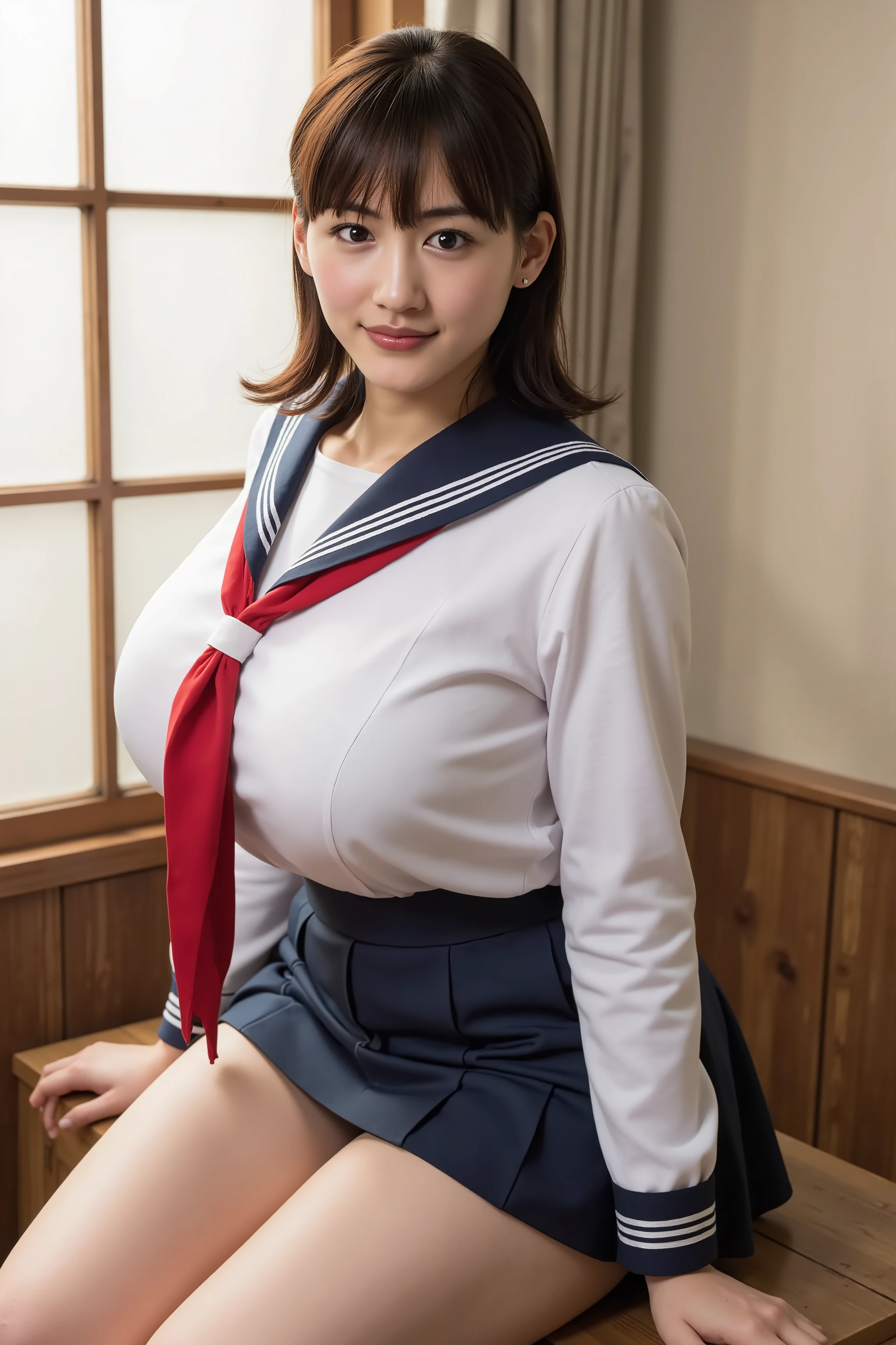 wearing a traditional Japanese uniform 、 body is covered with a sailor suit with a white collar and dark blue lines 、 wearing a dark blue pleated skirt、 red scarf、((((( girls on the left:2.86))))),( masterpiece, Top Quality:1.9),8k, RAW photo ,nsfw, detailed skin,詳細な毛穴, face,(((young face):1.7)),(( young body):1.6), reality, hotel room 、( lean forward :1.67), big Breasts、miniskirt, full body、Black hair tied together around the neck、Bangs hide the forehead、Pigtails