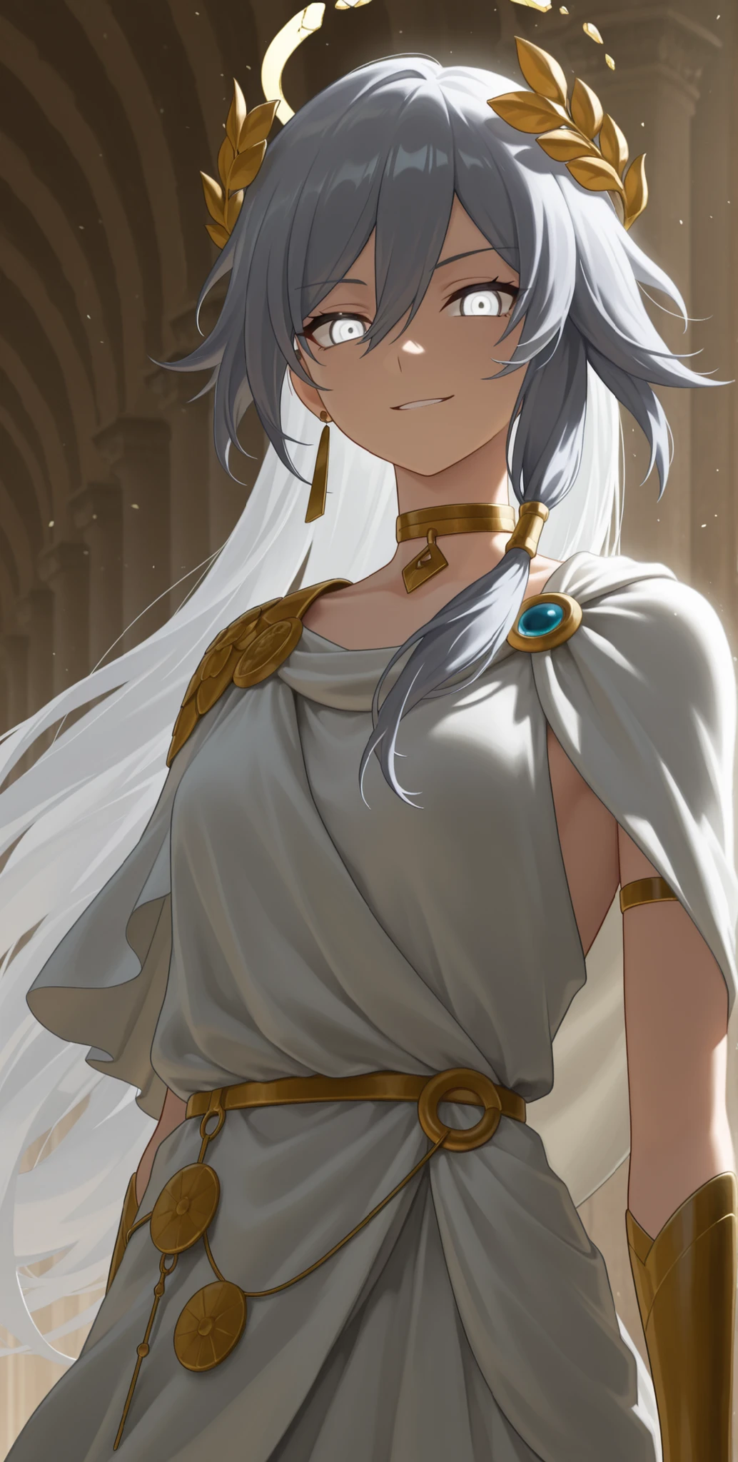 cinematic shot, mature, young adult, masterpiece, best quality, amazing quality, very aesthetic, high resolution, ultra-detailed, absurdres, (shiny skin, shiny, epic, sparkle, particles , glowing,ember:0.44),
1girl, solo, upper body shot, face focus, glowing eyes, HoSenti, fu hua, toga, gray hair, long hair, white hair, multicolored hair, white eyes, ring eyes, broken halo, greco-roman clothes, ancient greek clothes, gold choker, laurel crown, french dress, armoured skirt, face shot, capelet, glowing sword, heaven, halo,
looking at viewer, greco-roman architecture, massive overwhelming blood magic, cursed by gods, smirk, tsurime, cocky, arrogant