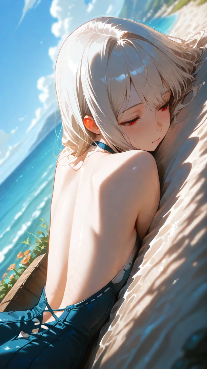 small hoobs,(pubic hair:1.3),smile,Silver Hair,Short Hair,beach,lying down,Close your eyes