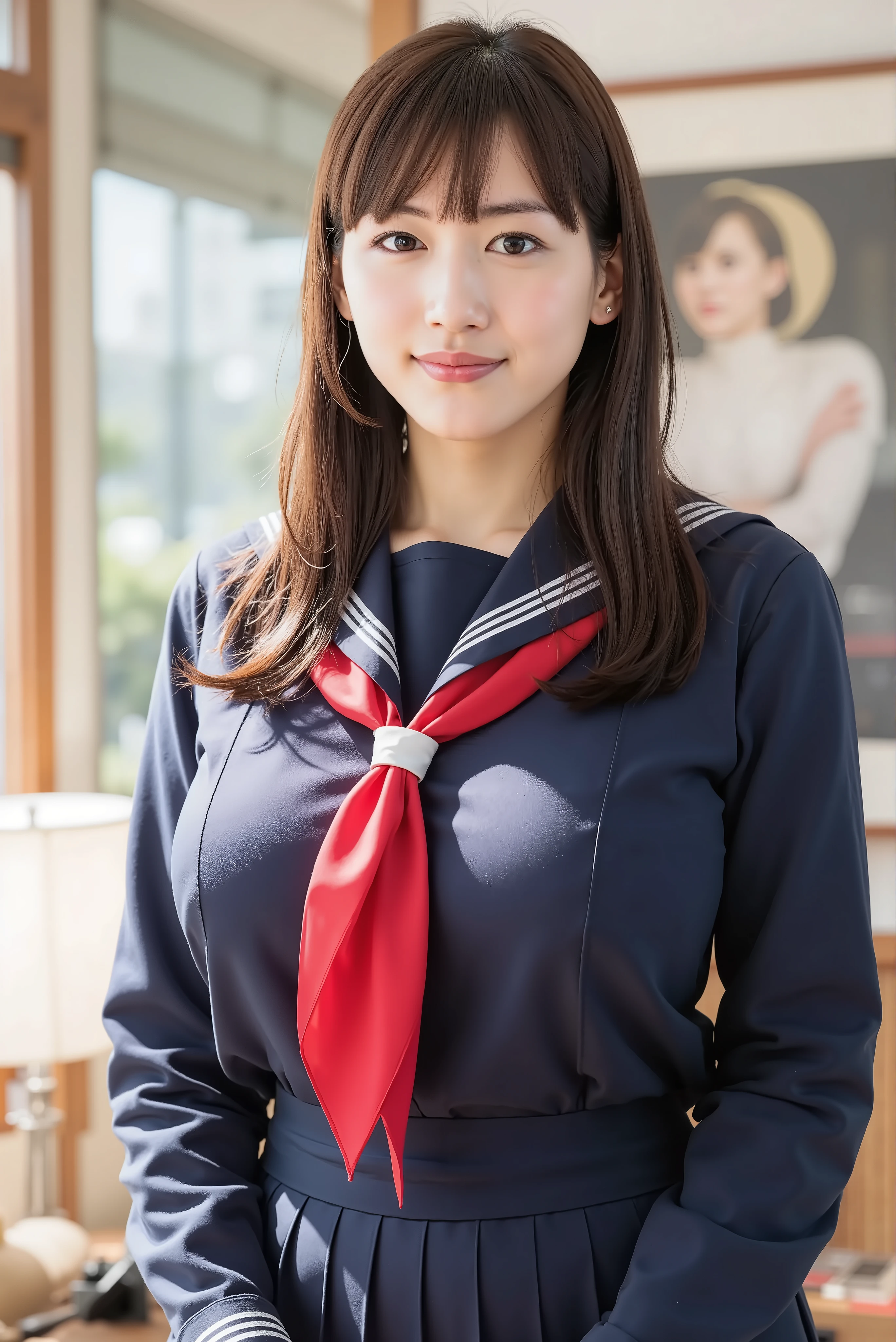wearing a traditional Japanese uniform 、 body is covered with a sailor suit with a white collar and dark blue lines 、 wearing a dark blue pleated skirt、 red scarf、((((( girls on the left:2.86))))),( masterpiece, Top Quality:1.9),8k, RAW photo ,nsfw, detailed skin,詳細な毛穴, face,(((young face):1.7)),(( young body):1.6), reality, hotel room 、( lean forward :1.67), big Breasts、miniskirt, full body、Black hair tied together around the neck、Bangs hide the forehead、Pigtails