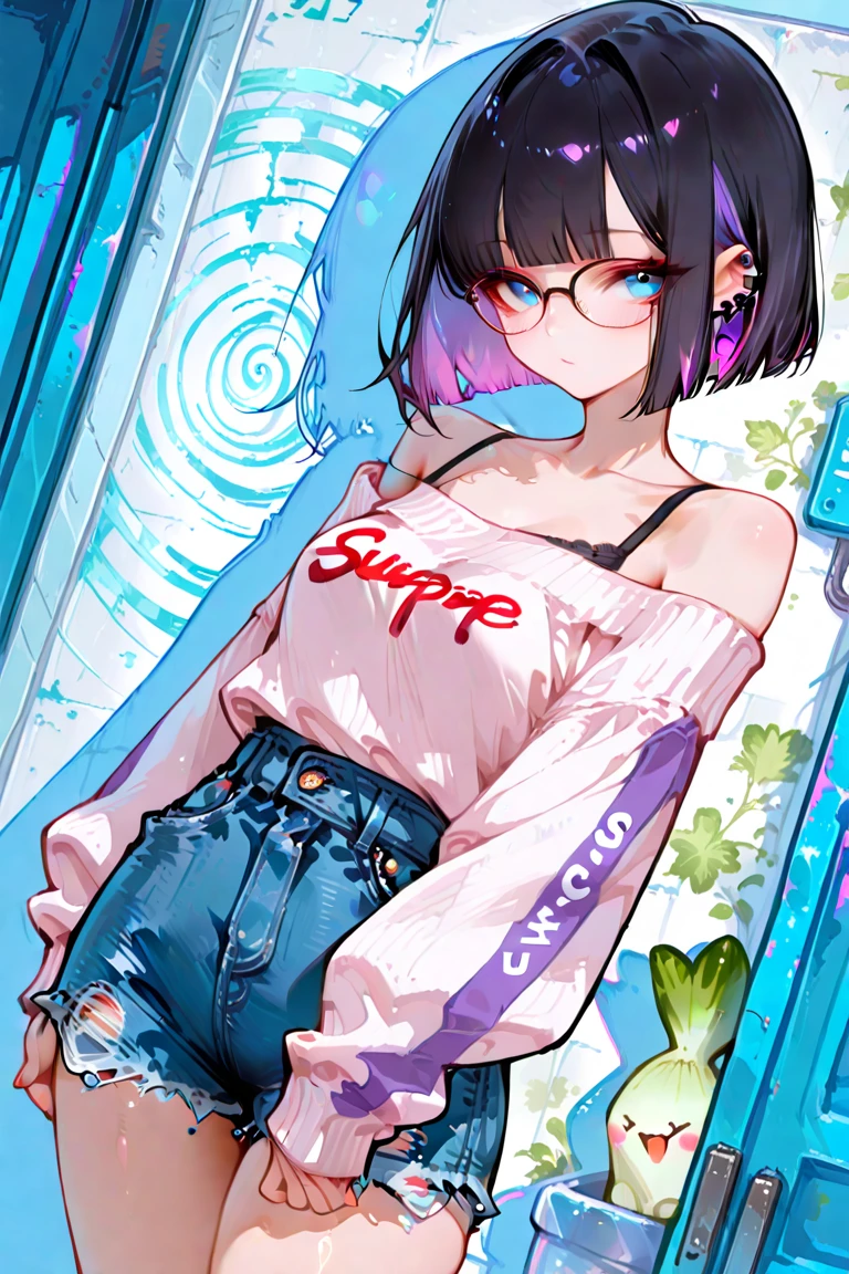 score_9, score_8_up, score_7_up, score_6_up, best quality, highly detailed, ultra-high resolution,32K UHD, sharp focus, best-quality, masterpiece, Emotionalization, unconventional supreme masterpiece, masterful details, temperate atmosphere, with a high-end texture, in the style of fashion photography, anime character portrait,
arm0rpunkv4, Dutch angle,
1 girl, cute, black hair, purple inner hair, bob cut, blue eyes, Spiral pupil, fancy makeup,
off-shoulder sweater, denim shorts, glasses, piercing,
radish art,