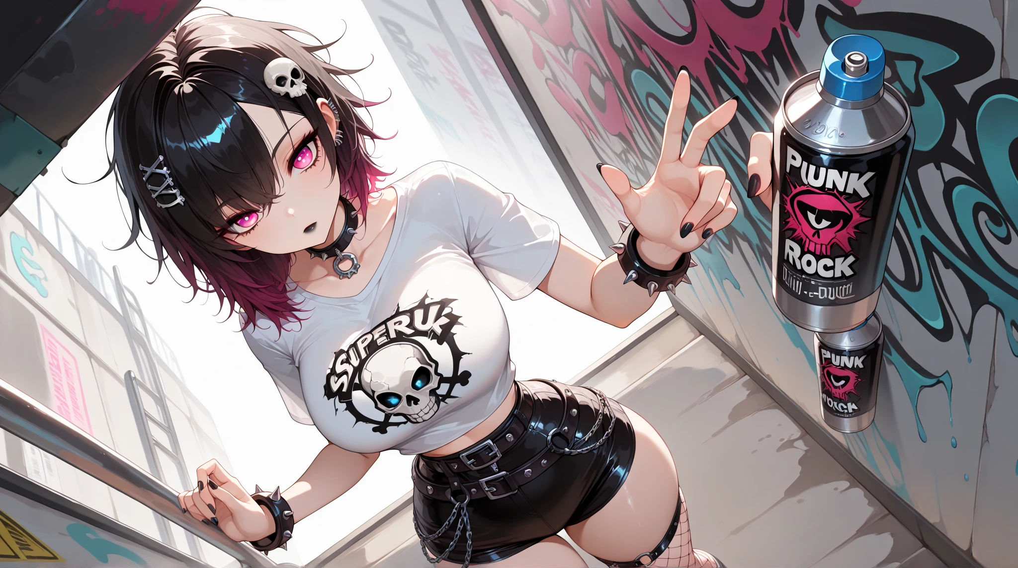 delinquent street punk in emo style clothes holding up the middle finger, looking at viewer, 1boy, bob cut, (sidelocks:1.3), tongue out, closed mouth, squatting, torn clothes, piercings, jewelry, tattoos, observatory, finely detailed background, amazingly intricate background, incredibly absurdres, best quality