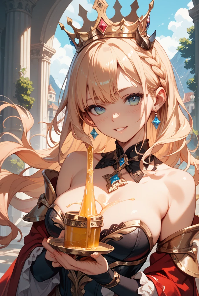 anime girl in a gold outfit holding a beer, Seductive Anime Girl, draped in shiny golden oil, anime goddess, Top Rated on pixiv, Gold Bra, beautiful alluring anime woman, golden corset, at pixiv, band of gold round his breasts, with a drink, cushart krenz key art feminine, Very detailed ArtGerm, marin kitagawa fanart
