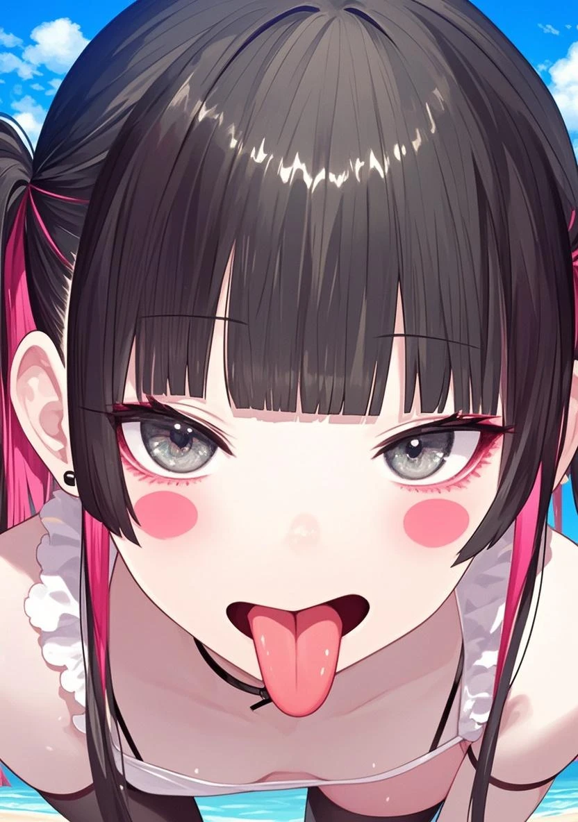 cute young girl, pig tails hair, black hair, mini laced sleeping crop top off shoulder, ahegao face, tongue out,, cock on face, penis,penis on face, cock on face