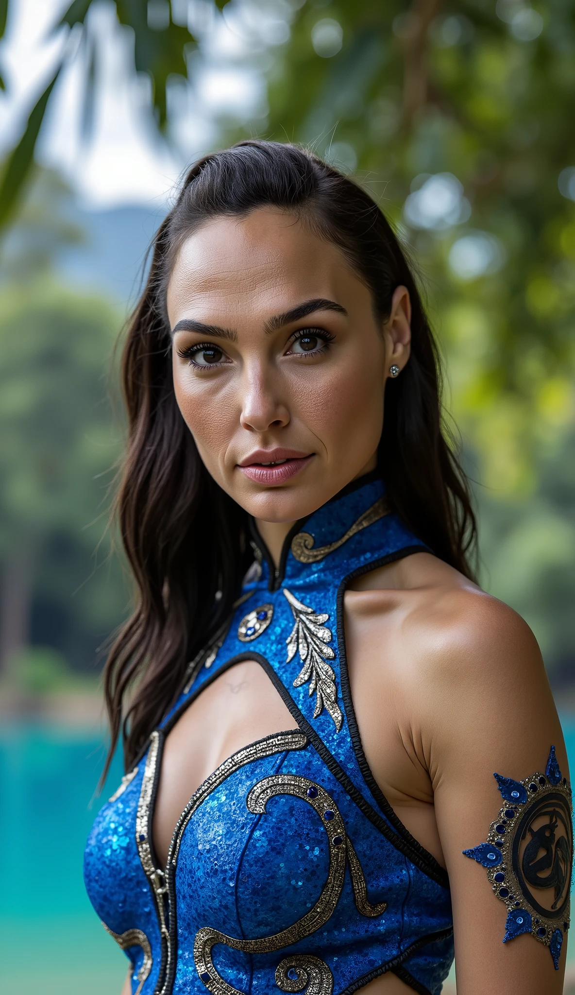 realistic hot babe with light eyes and unique face in cosplay
