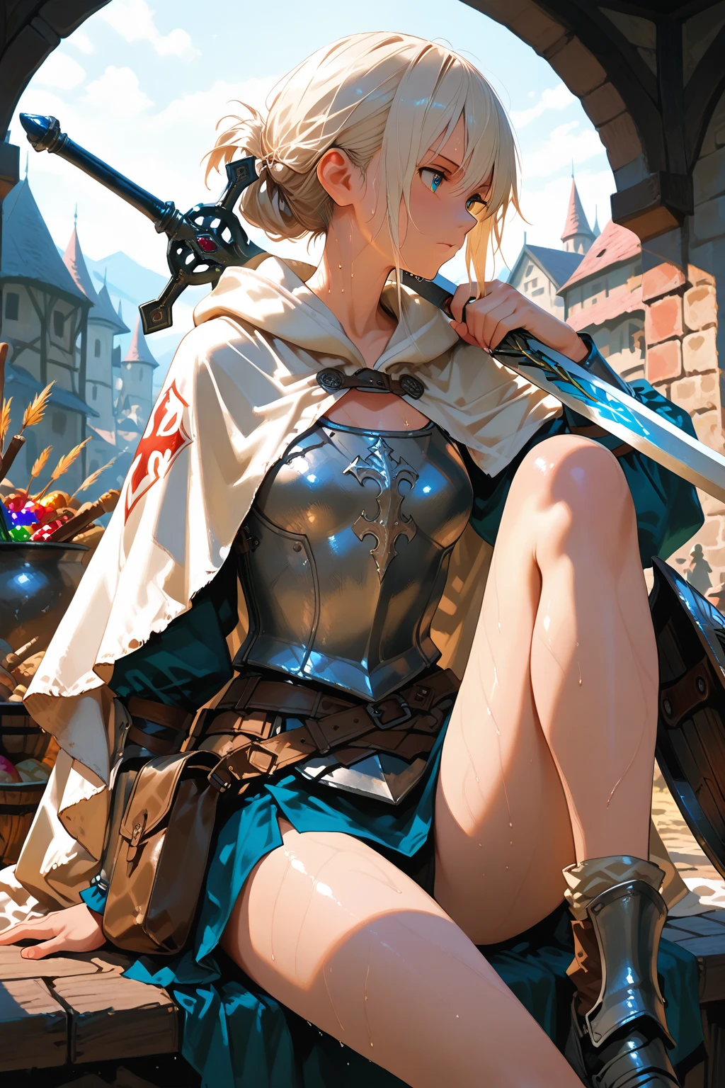(masterpiece, best quality:1.1), thief (dq3), 1girl, solo, short hair, white hair, blue eyes, medium breasts, pink gloves, jewelry, pearl necklace, earrings, belt, sword, yellow breastplate, black bodysuit, bag, (coin, sword on hip:1.2), (dutch angle, dynamic pose, from side:1.3), (blue skies, nature:1.2) 