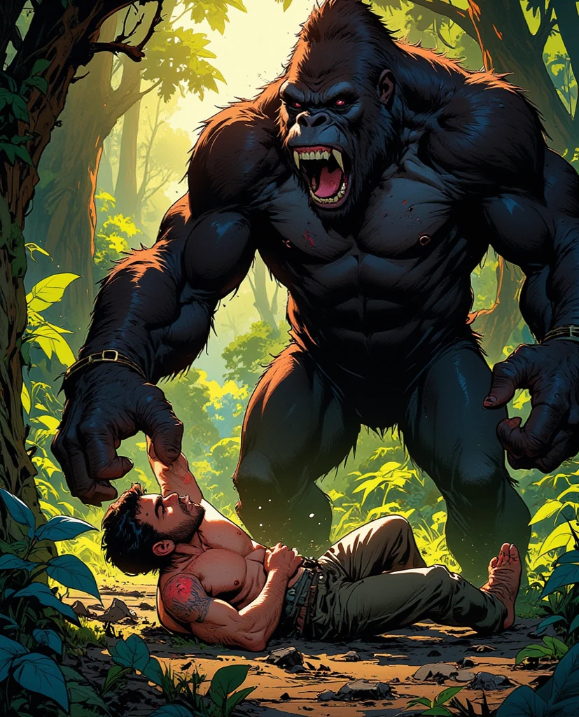 athletic muscular nude gorillas, 2 gorillas on a bed, intimate hard sex, detailed anatomy, chiaroscuro lighting, cinematic composition, dramatic shadows, sensual, NSFW