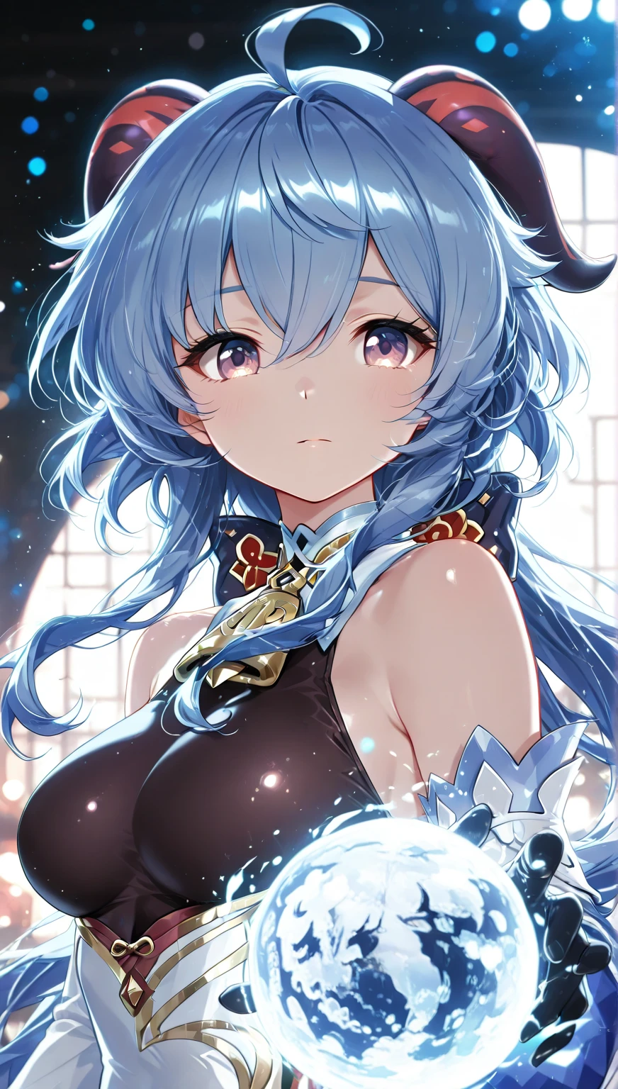 DSLR Photos, (8ก, 4K, Masterpiece),(Masterpiece, best quality), best resolution, (3 heads:1.5), aqua hair, twin tail, long hair, tear, open mouth, smile, be happy, Arms separated,hotel room, arm circle, (Put your hands on your head..), (lower hand on ankle), (lower hand on leg), Full content in the frame, full body view, (four arms),(Multi-arm),(many hands), รูปร่างเพรียวบาง Masterpiece,best quality,best resolution,1 woman,2 heads,details,Ganyu character,He has two goat horns on his head...,blue short hair,blue eyes,Wear tall clothes ,Wear a two-pronged red tie...,big breasts,simple background,Beautiful face,Beautiful hair,beautiful eyes,beautiful body,Beautiful hands,conjoined twins
