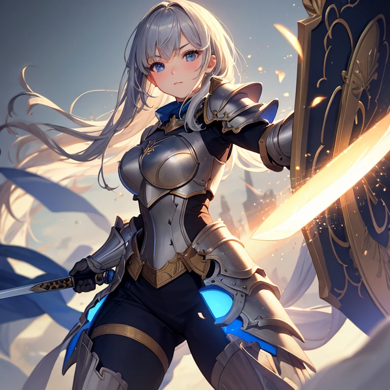 (Perfect Anatomy)、Mastepiece、Ultra High Quality、 8K、masterpiece、Highest quality、Ultra-high resolution、Maximum resolution、Very detailed、Professional Lighting、anime、woman、thin、so beautiful、Highly detailed eye、Highly detailed face、Blue and white armor, , Golden decorated luxury tiara,Golden earrings,Frilly Armor,Light blue hair, blue eyes,White underwear、Gloss Lip、Pink Lips、grassland, full body, dynamic angle, dynamic pose, Heroic pose, pillars of ice, (((long sword))), (((shield))), Defending with water magic, Making eyes glow, attack, Swinging down a sword, goddess armor, high heels, floating hair, (Monsters attack:1.8)