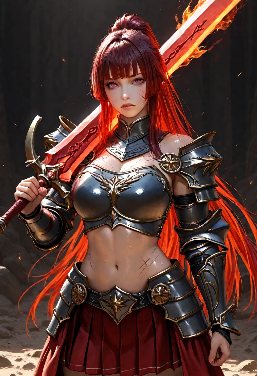 Character design, 1 girl,, slim body, medium chest, skinny waist, long deep red hair. blue eyes. (white fantasy armor, with sword, intricate details), (standing), plain gray background, masterpiece, HD high quality, 8K ultra high definition, ultra definition,